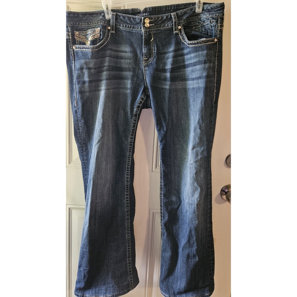 Vigoss New York Boot Cut Jeans Womens Size 24 Blue Embellished Stretch 46x31